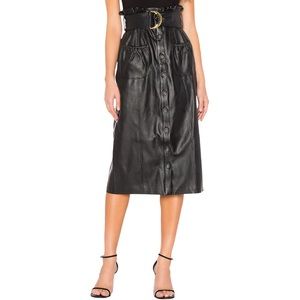 NWT Tularosa Jenna Faux Leather Midi Button Down Belted Skirt Black Size Small